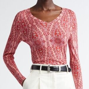 Etro Silk Paisley Rib V-Neck Sweater Size 0 Viscose Fitted Pink Red Boho Italy